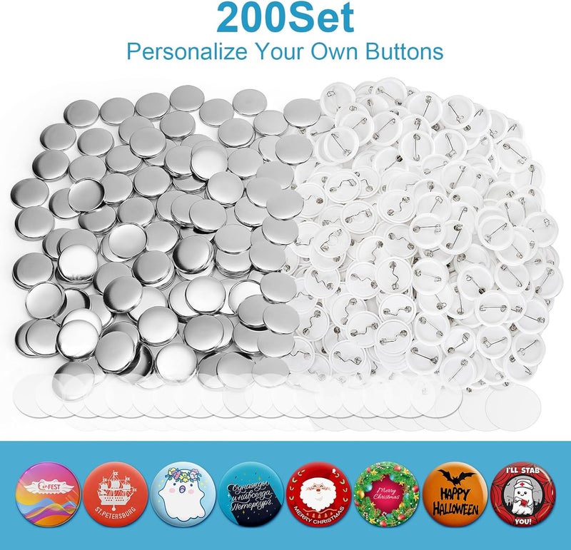 KUNTAERY 200 Sets 1 Inch Button Maker Supplies, 25mm Round Badge Parts with Metal Covers, Plastic Pin Backs, Clear Film & Blank Paper, Perfect for Button Maker Machine & Badge Press - Image 3